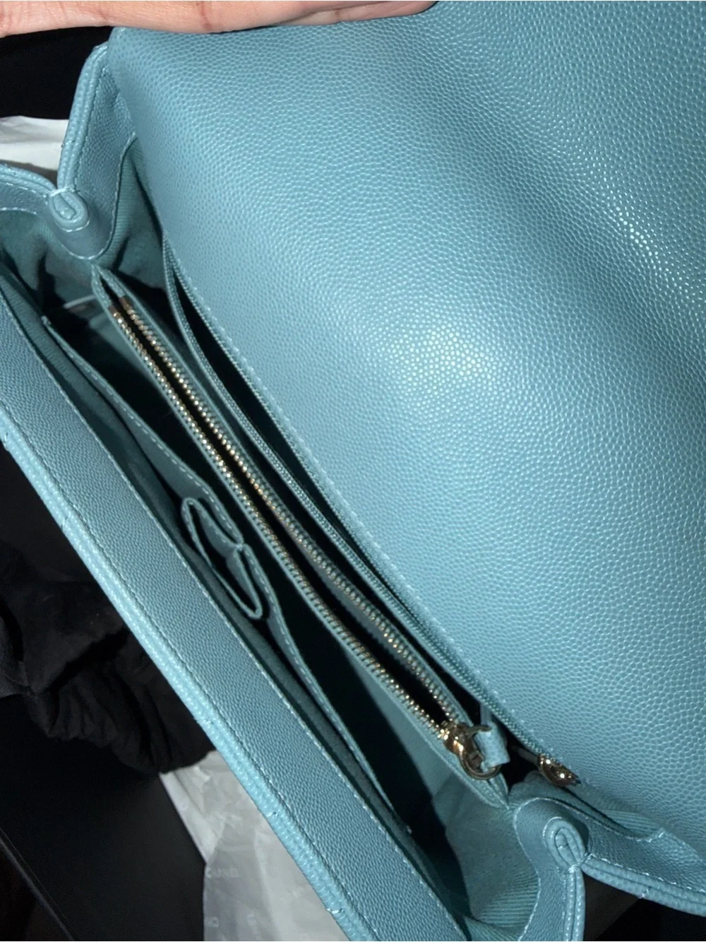 CHANEL Powder Blue Chevron Quilted Top-Handle Bag with Gold Hardware